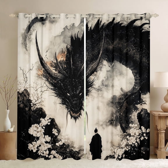 jejeloiu Japanese Samurai Black Out Curtains,Western Fantasy Animal Dragon Curtains Pack of 2 (42x63 Each),White Cherry Blossom Bedroom Curtains For Boys,Luxury Bedroom Decor