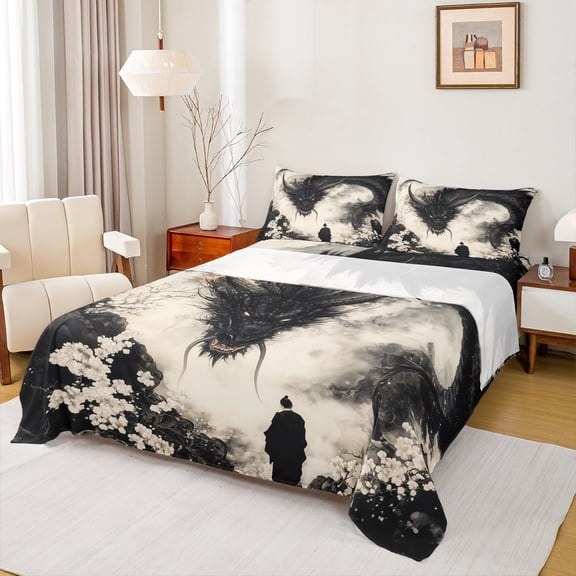 jejeloiu Japanese Samurai Full Sheet Set,Western Fantasy Dragon White Cherry Blossom,Luxury Decor For Boys,4-Piece