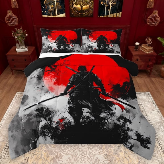 jejeloiu Japanese Samurai Queen Comforter Set,Gray Splashing Ink Bedding Sets,Red Moon Bedding Comforter Set For Adults,Microfiber Bedroom Decor Reversible,3-Piece