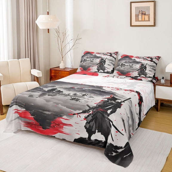 jejeloiu Japanese Samurai Twin Sheet Sets,Retro Ink Painting Twin Fitted Sheet,Red Flower Floral Flat Sheet For Boys Kids,Microfiber Bedroom Decor,3 Pieces
