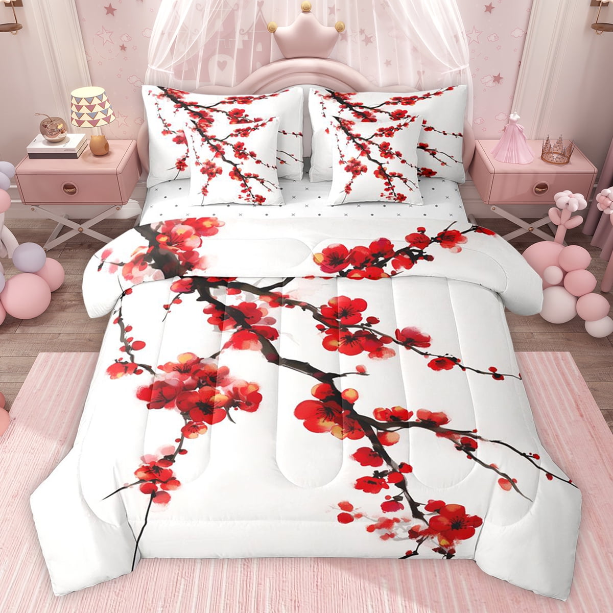 Japanese Cherry Blossom Pillow Covers – 16x16 Inch, Set Of 2, Red & Black Retro Print, 3D Fabric, Zipper Closure