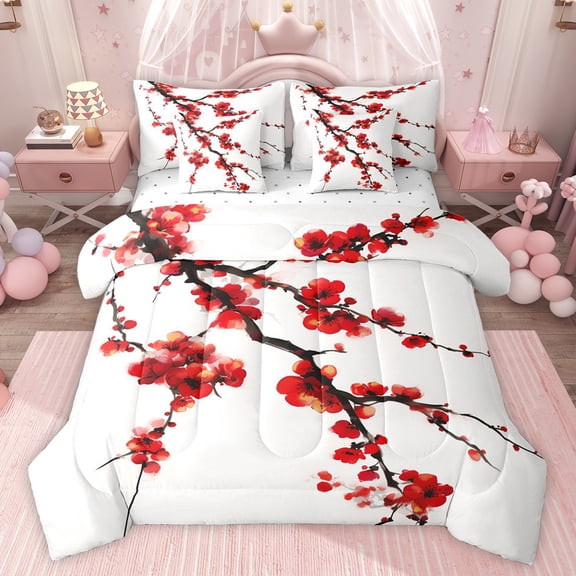 jejeloiu Japanese Style 7pcs Bedding Comforter Set,Red Plum Flowers Queen Bedding Sets,Cute Floral Blossom Queen Sheet Sets For Adults,Luxury Bedroom Decor Reversible