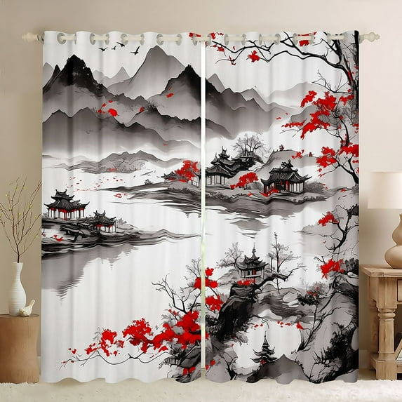 jejeloiu Japanese Style Architecture Black Out Curtains,Vintage Flower Floral Curtains Pack of 2 (42x63 Each),White Gray Red Bedroom Curtains For Teens,Microfiber Bedroom Decor