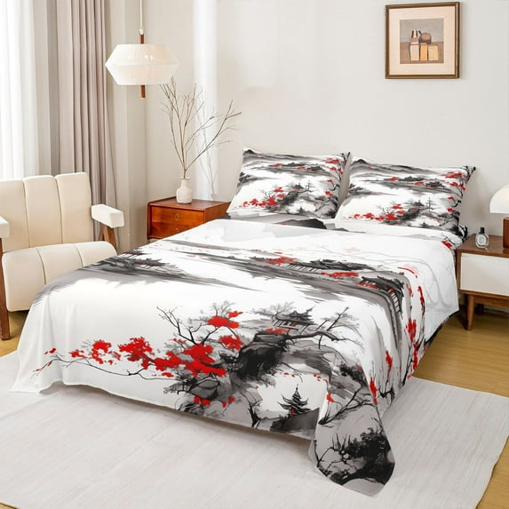 jejeloiu Japanese Style Architecture Full Size Sheets,Vintage Flower Floral Bed Sheets,White Gray Red Sheet Sets For Teens,Microfiber Bedroom Decor,4 Pieces