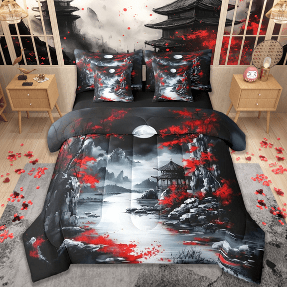 jejeloiu Japanese Style Bedding Comforter Set 7pcs,Cherry Blossom Queen Bedding Sets,Vintage Mountain Scene Queen Sheet Sets For Men Women,Microfiber Bedroom Decor Reversible