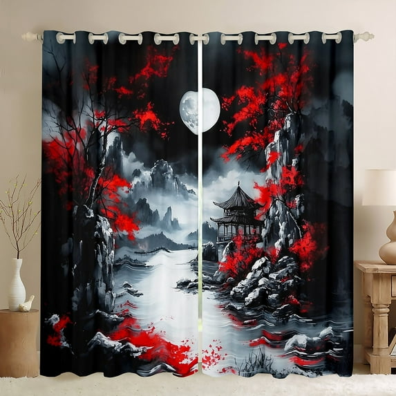 jejeloiu Japanese Style Blackout Curtains,Cherry Blossom Curtains Pack of 2 (38x45 Each),Vintage Mountain Scene Window Curtains For Men Women,Microfiber Bedroom Decor