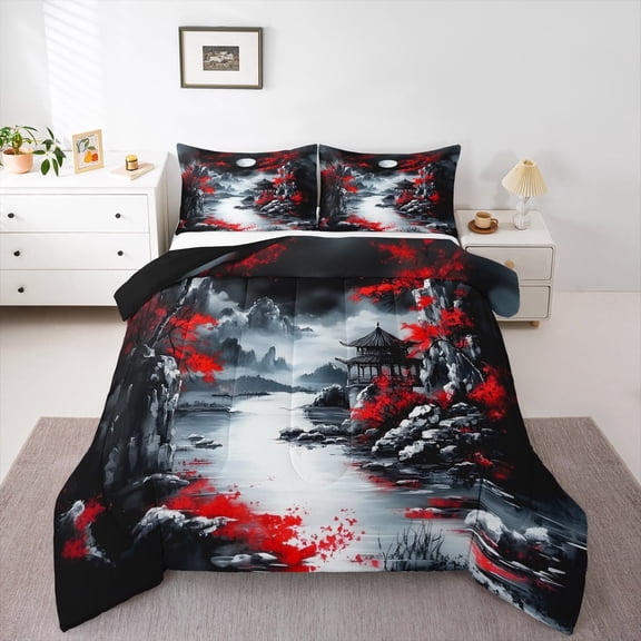 jejeloiu Japanese Style Full Size Comforter Sets,Cherry Blossom Bedding Comforter Set,Vintage Mountain Scene Bedding Sets For Men Women,Microfiber Bedroom Decor Reversible,3pcs
