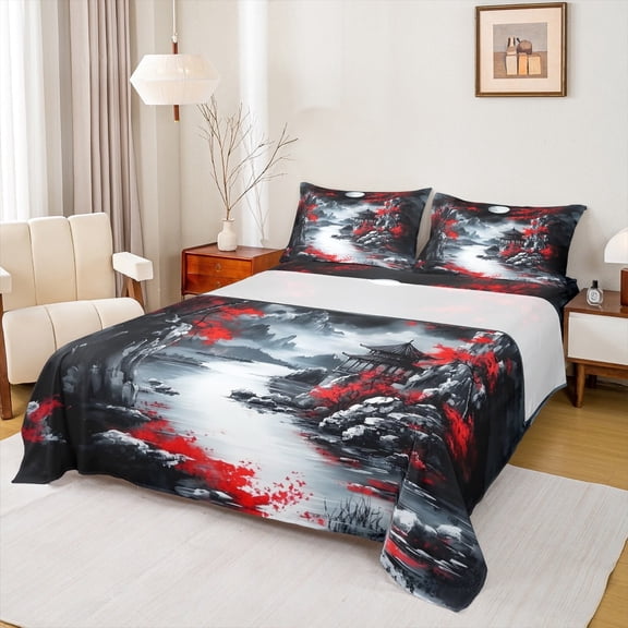 jejeloiu Japanese Style Full Size Sheets,Cherry Blossom Bed Sheets,Vintage Mountain Scene Sheet Sets For Men Women,Microfiber Bedroom Decor,4pcs