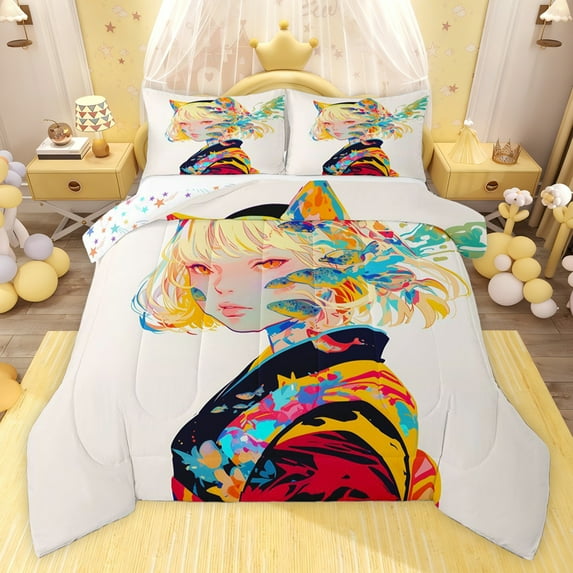 jejeloiu Japanese Style Girls Queen Comforter Set,Watercolor Graffiti Hippie Bedding Comforter Set For Princess Reversible 3 Pieces