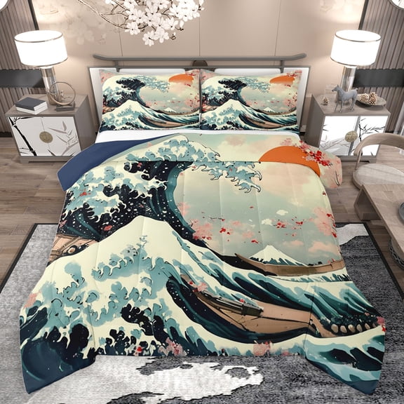 jejeloiu Japanese Style Queen Comforter Set,Ocean Wave Bedding Sets,Natural Scenery Bedding Comforter Set For Teens,Ultra Soft Home Decor Reversible,3pcs
