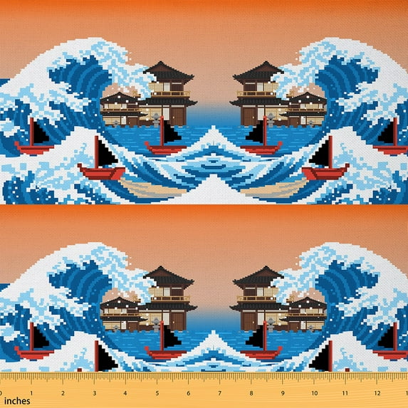jejeloiu Japanese Ukiyo-E Fabric by the Yard 3 Yards,Sea Waves Sailboat Sewing Fabric,Blue Orange Fabric for Sewing For Adults,Microfiber Bedroom Decor