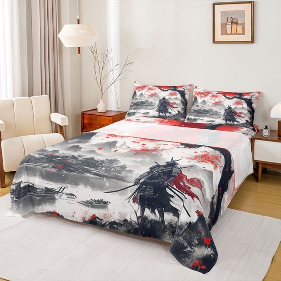 jejeloiu Japanese Ukiyoe Bed Sheets,Japan Samurai King Sheets,Japanese Tradition Aesthetic Sheet Set For Adults,Breathable Home Decor,4pcs