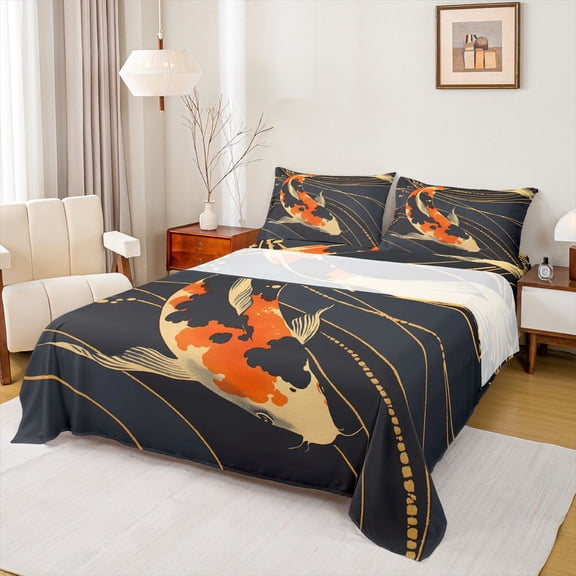 jejeloiu Japanese Ukiyoe Theme Twin Sheet Sets,Vintage Boho Fish Twin Fitted Sheet,Black Orange Gold Flat Sheet For Girls Boys,Super Cozy Room Decor,3-Piece