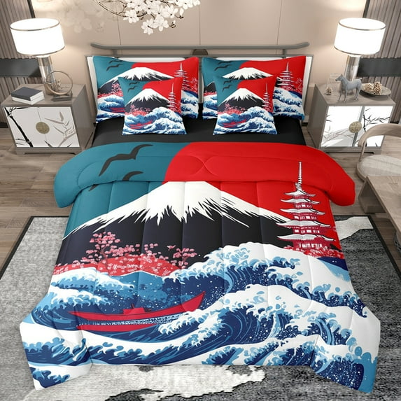 jejeloiu Japanese Wave 7-Piece Twin Bedding Sets,Vintage Architecture Bedding Comforter Set,Pink Cherry Flowers Sheet Sets For Girls Boys,Microfiber Bedroom Decor Reversible