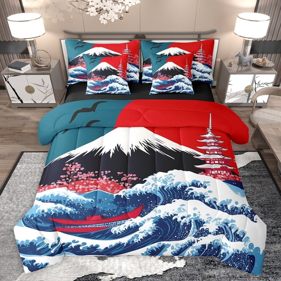 jejeloiu Japanese Wave 7-Piece Twin Bedding Sets,Vintage Architecture Bedding Comforter Set,Pink Cherry Flowers Sheet Sets For Girls Boys,Microfiber Bedroom Decor Reversible