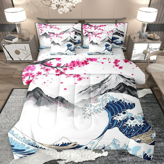 jejeloiu Japanese Wave 7pcs Bedding Comforter Set,Ink Mountain Pattern Queen Bedding Sets,Pink Cherry Floral Queen Sheet Sets For Men Women,Ultra Soft Home Decor Reversible