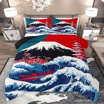 jejeloiu Japanese Wave Bedding Comforter Set,Vintage Architecture Twin Comforter Sets,Pink Cherry Flowers Bedding Set For Girls Boys,Microfiber Bedroom Decor Reversible,2-Piece