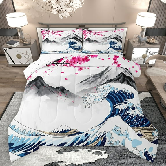 jejeloiu Japanese Wave Queen Comforter Set,Ink Mountain Pattern Bedding Sets,Pink Cherry Floral Bedding Comforter Set For Men Women,Ultra Soft Home Decor Reversible,3 Pieces