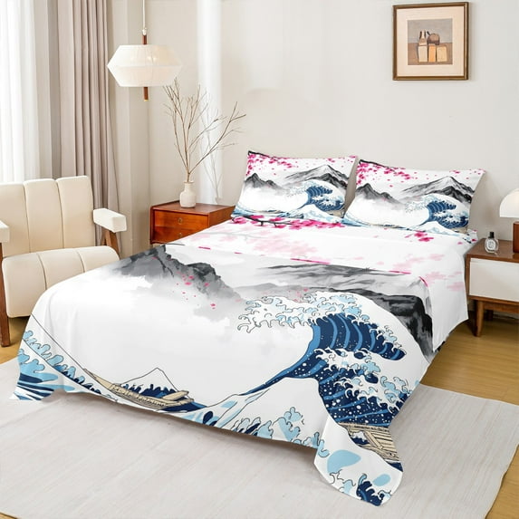 jejeloiu Japanese Wave Twin Sheet Sets,Ink Mountain Pattern Twin Fitted Sheet,Pink Cherry Floral Flat Sheet For Men Women,Ultra Soft Home Decor,3pcs
