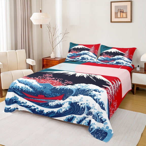 jejeloiu Japanese Wave Twin Sheet Sets,Vintage Architecture Twin Fitted Sheet,Pink Cherry Flowers Flat Sheet For Girls Boys,Microfiber Bedroom Decor,3-Piece