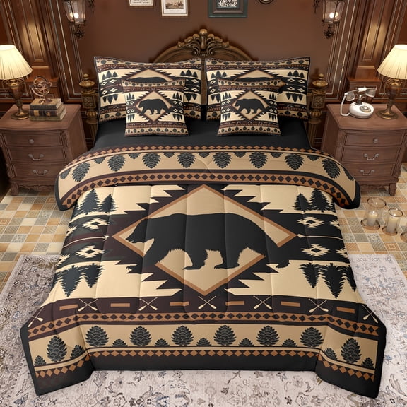 jejeloiu Jungle Animal Bear 7pcs Bedding Comforter Set,Rustic Pine Cone Queen Bedding Sets,Brown Beige Aztec Queen Sheet Sets For Adults,Microfiber Bedroom Decor Reversible