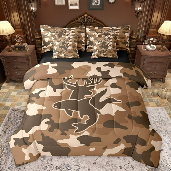 jejeloiu Jungle Animal Deer 7 Pieces Bedding Comforter Set,Fishing And Hunting Full Bedding Set,Brown Camo Camouflage Fitted Sheet Flat Sheet For Adults,Super Cozy Room Decor Reversible