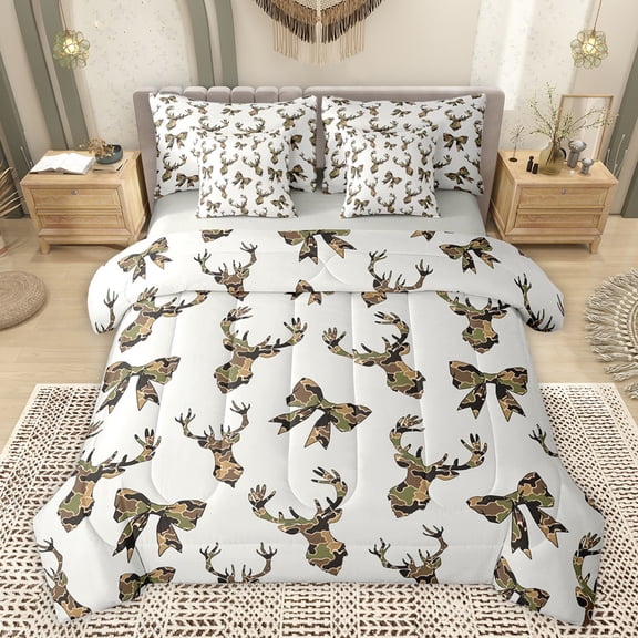jejeloiu Jungle Animal Deer 7 Pieces Bedding Comforter Set,Rustic Camouflage Print Full Bedding Set,Camo Pattern Bowknot Fitted Sheet Flat Sheet For Kids,Microfiber Bedroom Decor Reversible