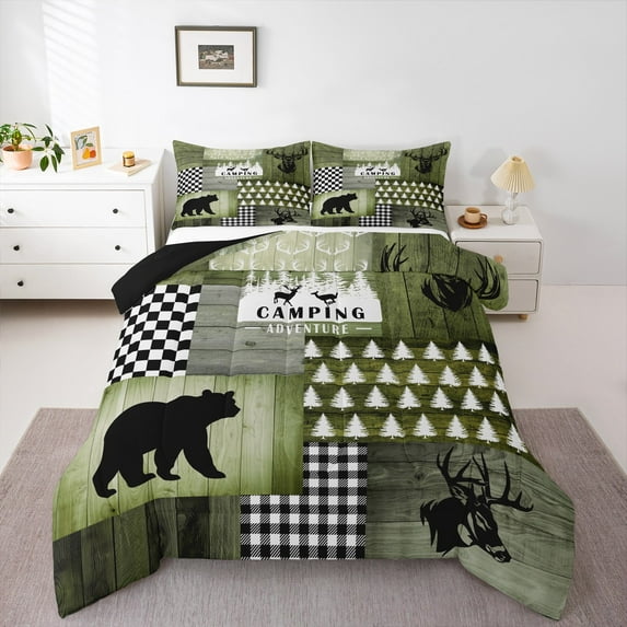 jejeloiu Jungle Animal Deer Full Size Comforter Sets,Happy Camping Bedding Comforter Set,Green Geometric Plaid Bedding Sets For Children,Microfiber Room Decorative Reversible,3pcs