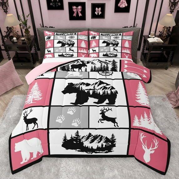 jejeloiu Jungle Animal Deer Queen Comforter Set,Rustic Farmhouse Hunting Bedding Sets,Safari Bear Silhouette Bedding Comforter Set For Adults,Microfiber Bedroom Decor Reversible,3pcs