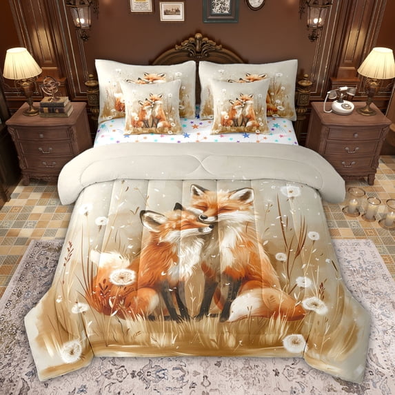 jejeloiu Jungle Animal Fox 7-Piece Bedding Comforter Set,Rustic Dandelion King Bedding Sets For Girls Kids Reversible