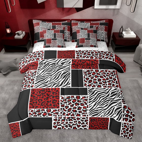 jejeloiu Jungle Animal Leopard 7-Piece Twin Bedding Sets,Cheetah Zebra Print Buffalo Bedding Comforter Set,Black White Red Sheet Sets For Adults,Microfiber Bedroom Decor Reversible