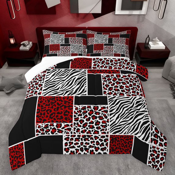 jejeloiu Jungle Animal Leopard Queen Comforter Set,Cheetah Zebra Print Buffalo Bedding Sets,Black White Red Bedding Comforter Set For Adults,Microfiber Bedroom Decor,3 Pieces