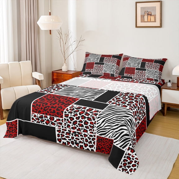 jejeloiu Jungle Animal Leopard Twin Sheet Sets,Cheetah Zebra Print Buffalo Twin Fitted Sheet,Black White Red Flat Sheet For Adults,Microfiber Bedroom Decor,3pcs