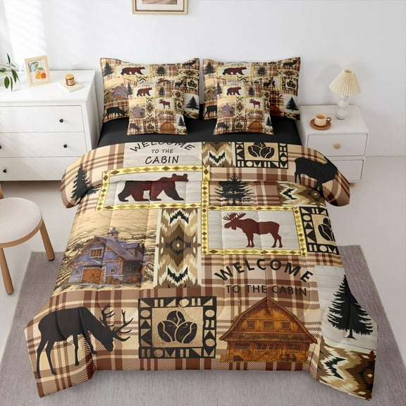 jejeloiu Jungle Animal Moose Bedding Comforter Set 7-Piece,Retro Aztec Geometric King Bedding Sets,Rustic Farmhouse Cabin Bed Sheets For Boys Kids,Luxury Bedroom Decor Reversible