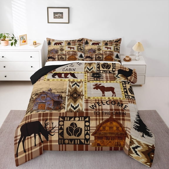 jejeloiu Jungle Animal Moose Queen Comforter Set,Retro Aztec Geometric Bedding Sets,Rustic Farmhouse Cabin Bedding Comforter Set For Boys Kids,Luxury Bedroom Decor Reversible,3pcs