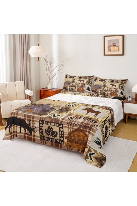 Jungle Animal Moose Twin Sheet Sets,Retro Aztec Geometric Twin Fitted Sheet,Rustic Farmhouse Cabin Flat Sheet For Boys Kids,Luxury Bedroom Decor,3-Piece