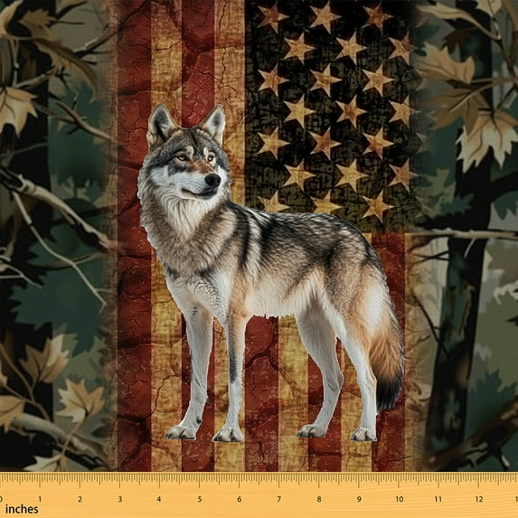 jejeloiu Jungle Animal Wolf Fabric by the Yard 1 Yard,Retro Us Flag Home Decor Fabric by the Yard,Green Army Camo Sewing Fabric For Teens,Ultra Soft Home Decor