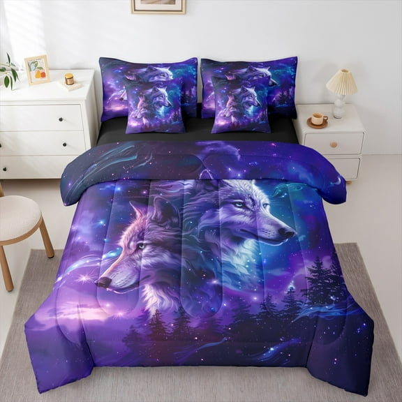 jejeloiu Jungle Animal Wolves 7-Piece Twin Bedding Sets,Galaxy Starry Sky Bedding Comforter Set,Purple Black Sheet Sets For Girls Boys,Breathable Home Decor Reversible