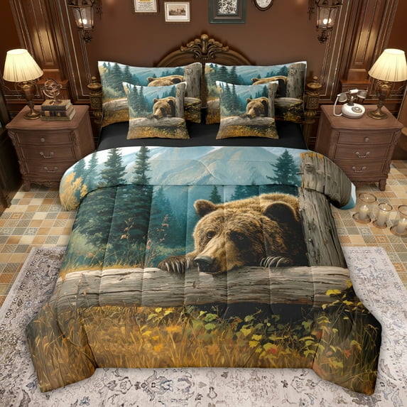 jejeloiu Jungle Animals Bear 7 Pieces Bedding Comforter Set,Teal Brown Full Bedding Set For Boys Kids Reversible