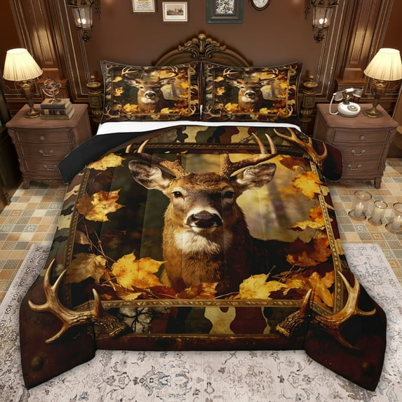 jejeloiu Jungle Animals Deer Full Size Comforter Sets,Rustic Plant Maples Bedding Sets For Boys Kids Reversible 3pcs