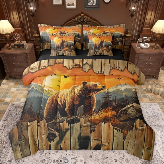 jejeloiu Jungle Bear 7-Piece Bedding Comforter Set,Wild Animal King Bedding Sets,Orange Sunset Bed Sheets For Men Women,Microfiber Bedroom Decor Reversible