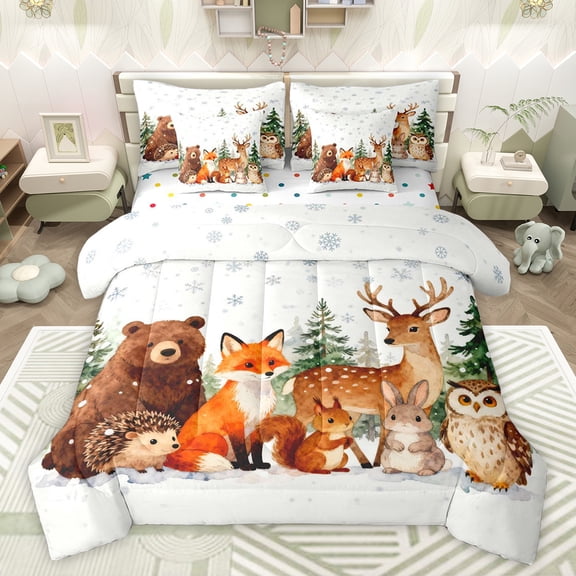 jejeloiu Jungle Bear Deer 7pcs Bedding Comforter Set,Kawaii Fox Rabbit Queen Bedding Sets,White Brown Orange Queen Sheet Sets For Kids,Breathable Home Decor Reversible