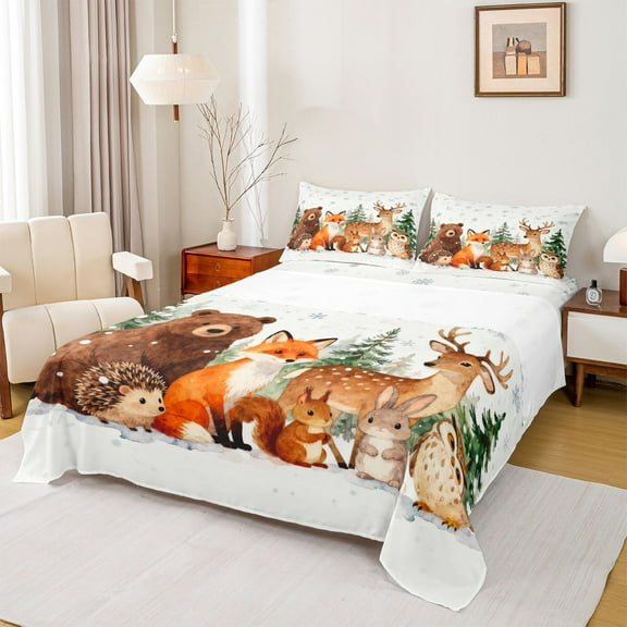 jejeloiu Jungle Bear Deer Bed Sheets,Kawaii Fox Rabbit King Sheets,White Brown Orange Sheet Set For Kids,Breathable Home Decor,4 Pieces