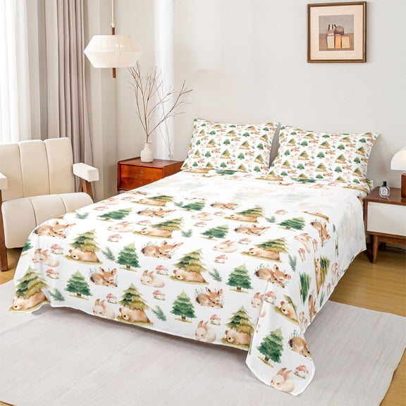 jejeloiu Jungle Bear Deer Bed Sheets,Wild Rabbit Cartoon Mushroom King Sheets For Girl Teens 4 Pieces