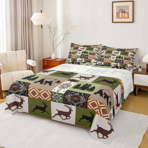 jejeloiu Jungle Bear Deer Queen Sheet Sets,Vintage Bohemian Pattern Flat Sheet,Green Brown Queen Fitted Sheet For Girls Kids,Super Cozy Room Decor,4-Piece