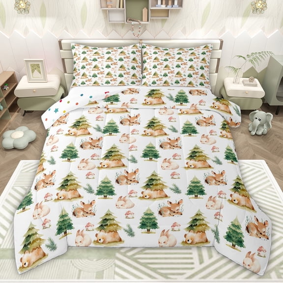 jejeloiu Jungle Bear Deer Twin Comforter Sets,Wild Rabbit Cartoon Mushroom Bedding Set For Girl Teens Reversible 2 Pieces