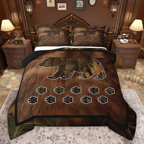 jejeloiu Jungle Bear Queen Comforter Set,Rustic Leaf Bedding Sets,Retro Brown Cowhide Bedding Comforter Set For Men Women,Microfiber Bedroom Decor Reversible,3-Piece