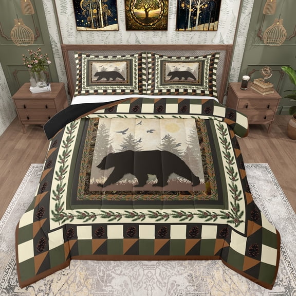 jejeloiu Jungle Bear Queen Comforter Set,Woodland Animals Bedding Sets,Rustic Farmhouse Cabin Bedding Comforter Set For Adults,Luxury Bedroom Decor Reversible,3 Pieces