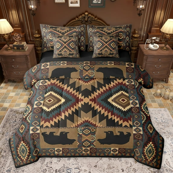 jejeloiu Jungle Bear Silhouette 7pcs Bedding Comforter Set,Vintage Aztec Geometric Queen Bedding Sets,Boho Retro Triangle Rhombus Queen Sheet Sets For Adults,Microfiber Bedroom Decor Reversible