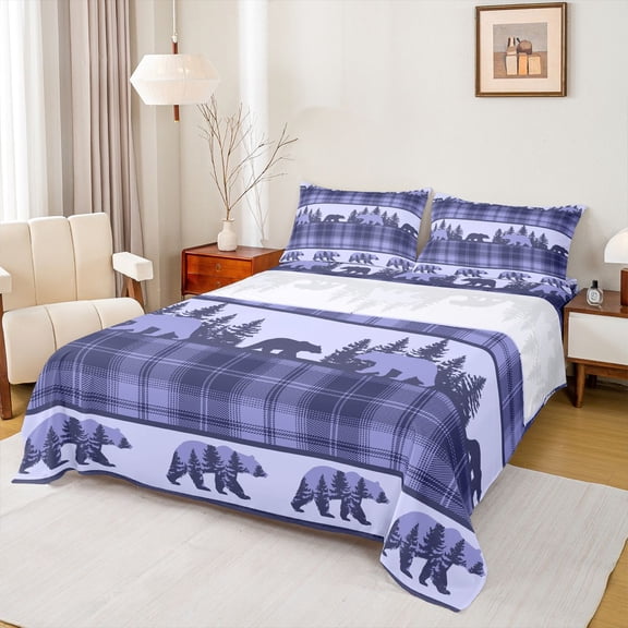 jejeloiu Jungle Bear Silhouette Bed Sheets,Purple Geometric Grid King Sheets For Adults 4pcs